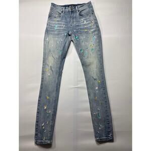 Serenede Men's Embroidered Paint Splatter Skinny Blue Jeans - Size 28 (27x32)
